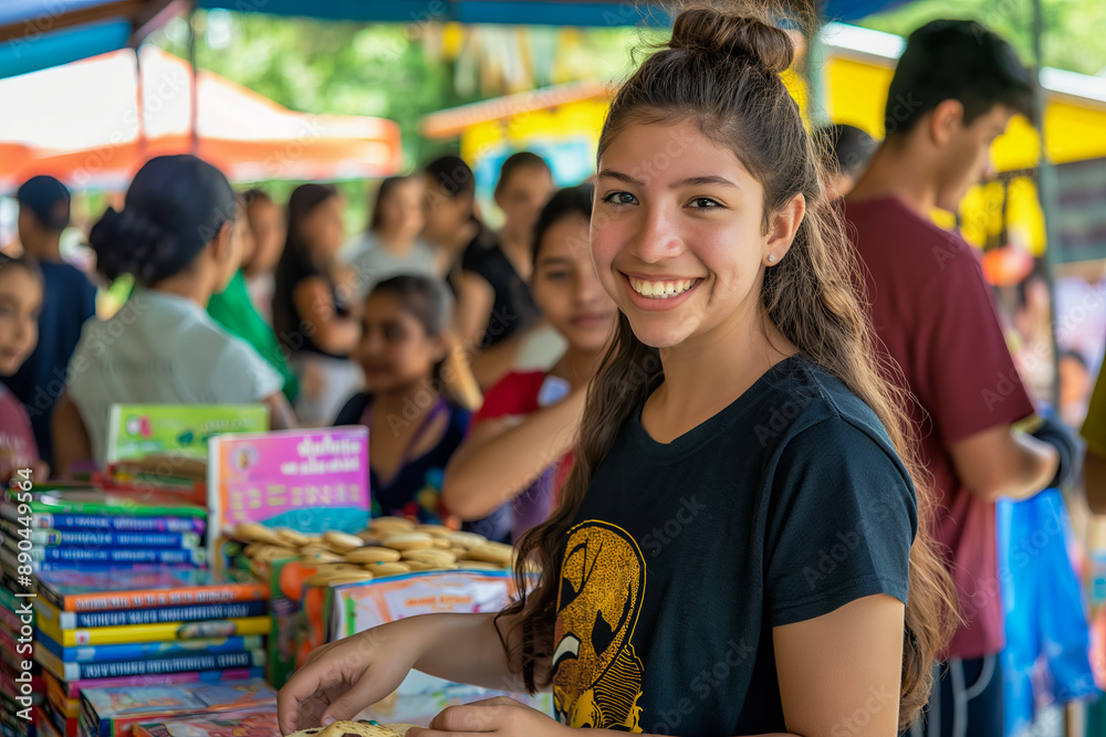 Obraz premium cute high school girl at back to school fair