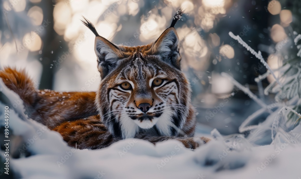 Lynx on a snowy forest floor, tufted ears and piercing gaze, wild animals in their natural habitat Lynx on a snowy forest floor, tufted ears and piercing gaze, wild animals in their natural habitat
