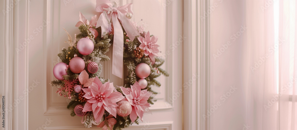 Soft pastel pink poinsettia Christmas wreath winter door decor frosted foliage delicate modern holiday festive floral decoration elegant winter home decor Christmas season beautiful feminine Soft pastel pink poinsettia Christmas wreath winter door decor frosted foliage delicate modern holiday festive floral decoration elegant winter home decor Christmas season beautiful feminine