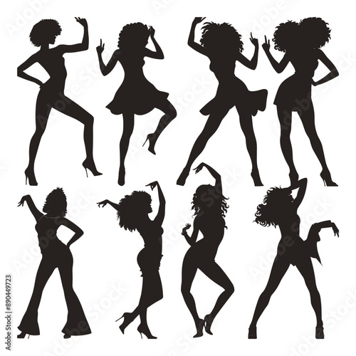 Silhouettes of dancing women in retro style, 70s disco, party, vintage, club, vector illustration