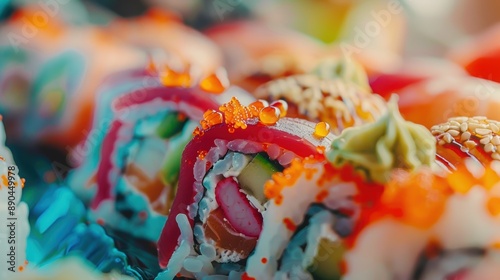 Closeup of delicious colorful sushi rolls topped with roe and wasabi being served at a restaurant for a dinner meal