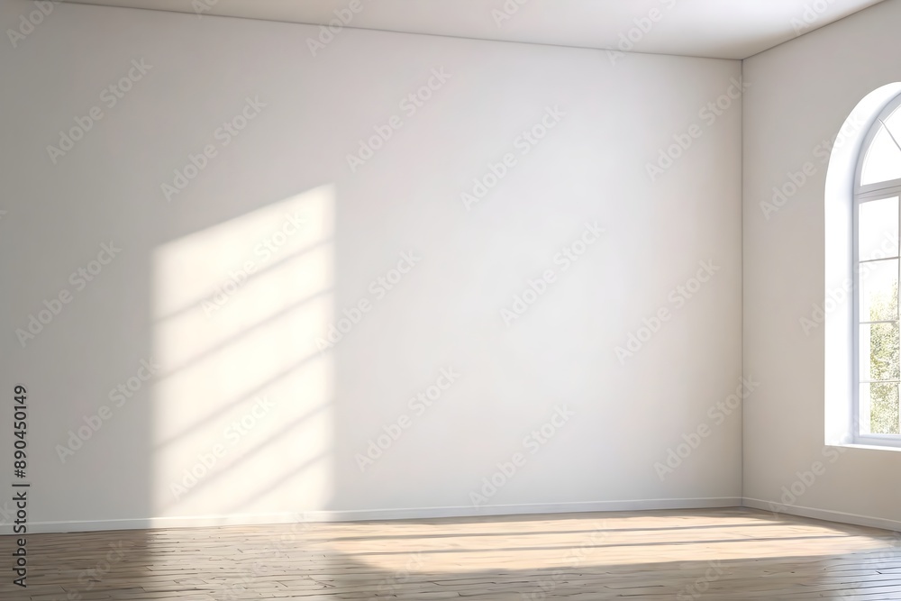 Fototapeta premium Empty room with window, sunlight through the window, white wall, open interior space with parquet floor and modern design
