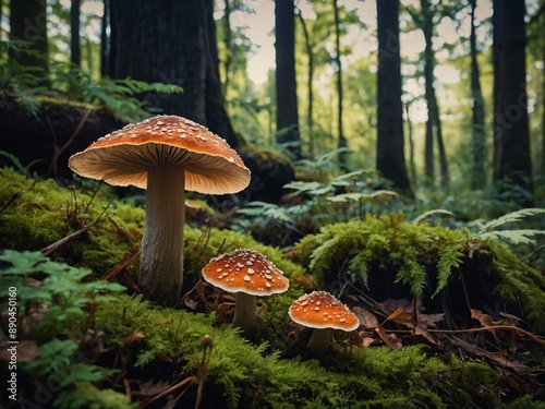 Magical woodland panorama featuring whimsical fungie photo