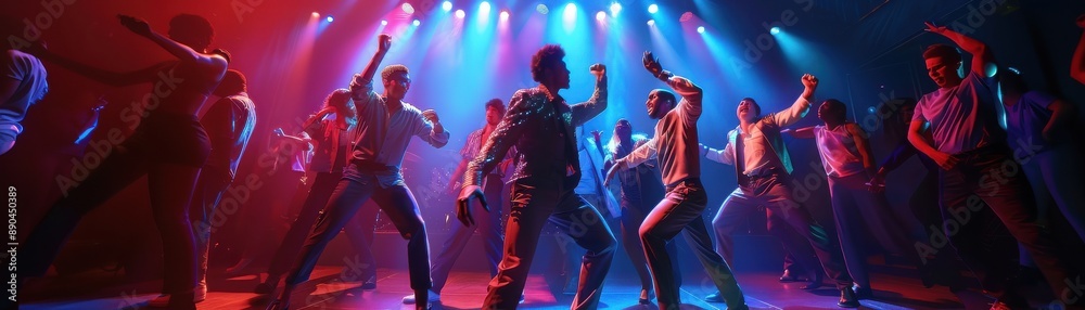 Fototapeta premium Dynamic theatre scene, actors with expressive faces, realistic studio lighting, high detail and vivid colors