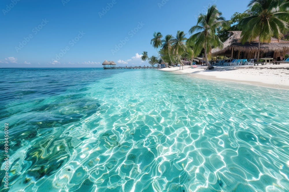 Naklejka premium An inviting tropical beach resort scene with crystal clear water, soft white sands, palm trees, and beachside huts, perfect for an idyllic holiday destination.