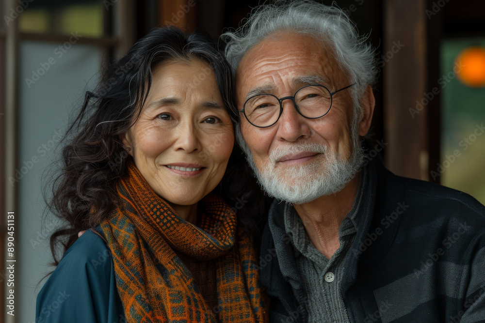 Smiling couple wearing scarves embracing outdoors Smiling couple wearing scarves embracing outdoors