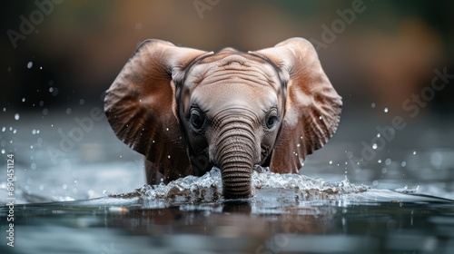 A captivating image of a young elephant joyfully splashing in the water, showcasing the playful and carefree nature of this majestic yet gentle creature. photo