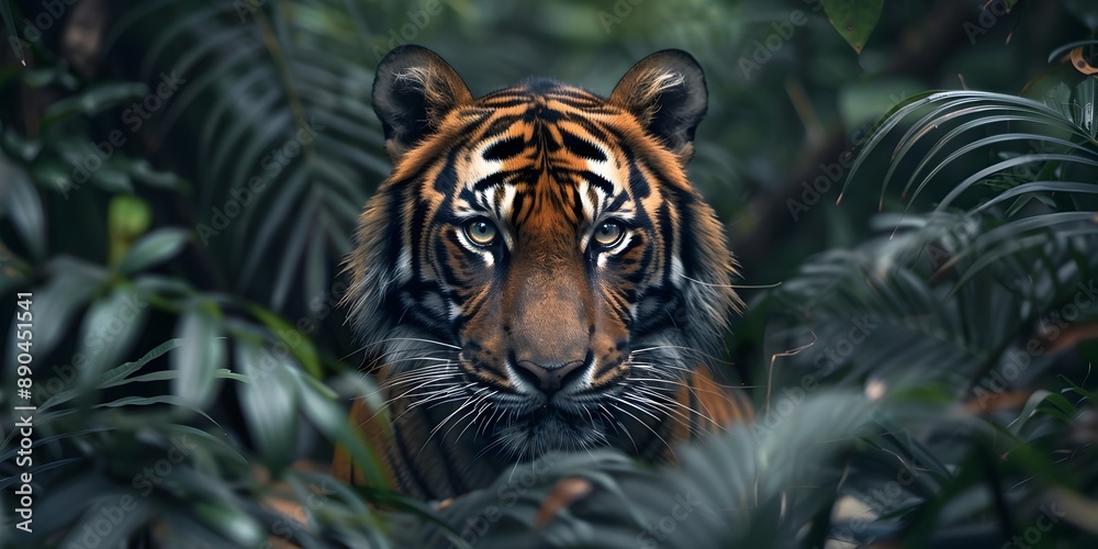 Striking Tiger Gazing Intensely from Lush Jungle Backdrop Striking Tiger Gazing Intensely from Lush Jungle Backdrop