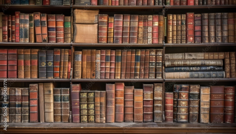 The background is large wooden bookshelves full of books on wall in the library. Knowledge archives The background is large wooden bookshelves full of books on wall in the library. Knowledge archives