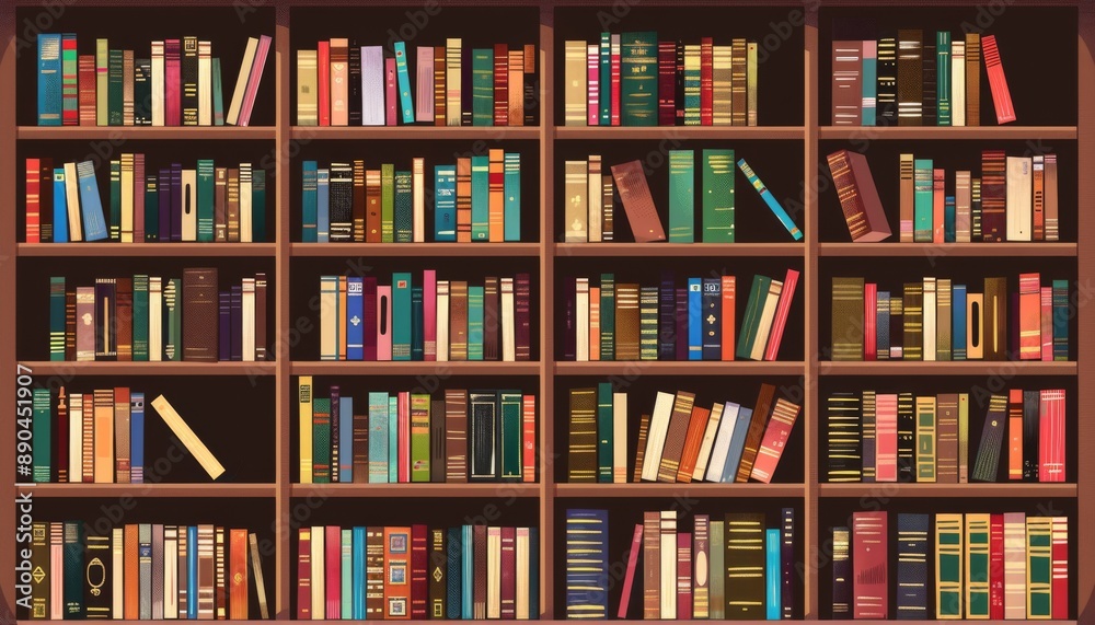 The background is large wooden bookshelves full of books on wall in the library. Knowledge archives The background is large wooden bookshelves full of books on wall in the library. Knowledge archives