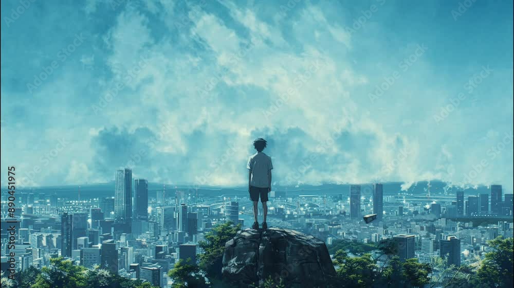 City View from the Heights of a Cliff with a Lone Observer City View from the Heights of a Cliff with a Lone Observer