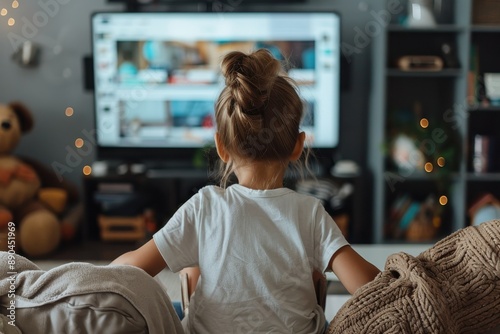 A child with a bun hairstyle is seen from the back while watching television in a cozy living room, adorned with fairy lights and a teddy bear in the background.