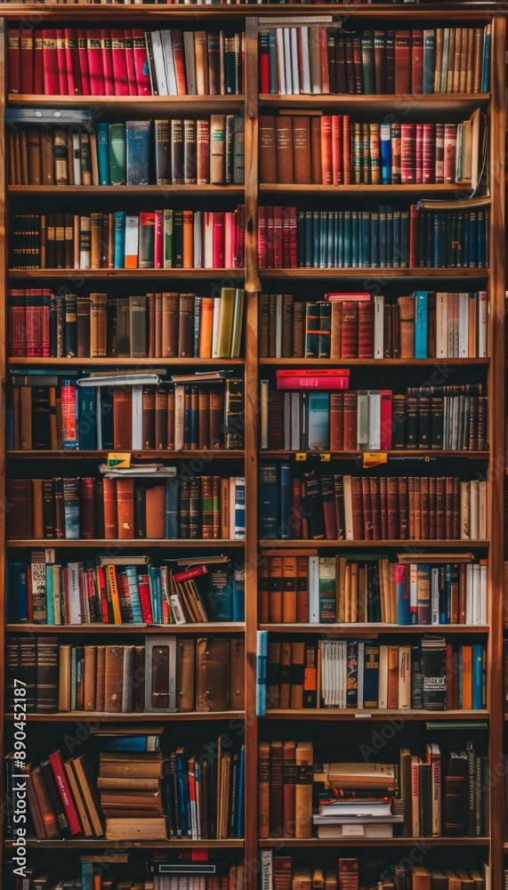 The background is large wooden bookshelves full of books on wall in the library. Knowledge archives The background is large wooden bookshelves full of books on wall in the library. Knowledge archives