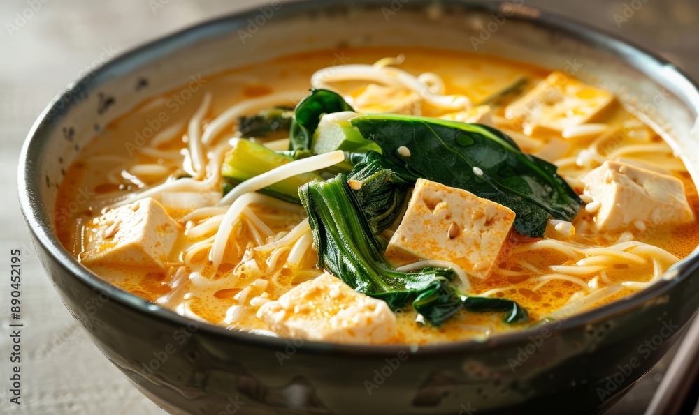 Coconut curry noodle soup with tofu, bok choy, and rice noodles Coconut curry noodle soup with tofu, bok choy, and rice noodles