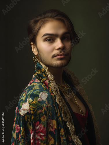 Young nonbinary person posing in renaissance clothing for a portrait in studio