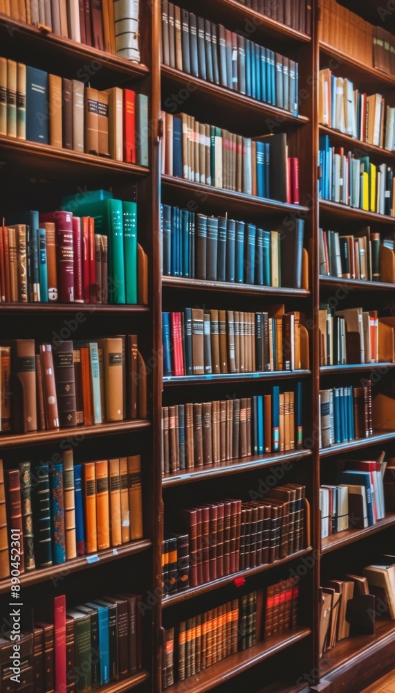 Bookshelves full of books in the library. Wooden shelves with huge pile of different books Bookshelves full of books in the library. Wooden shelves with huge pile of different books