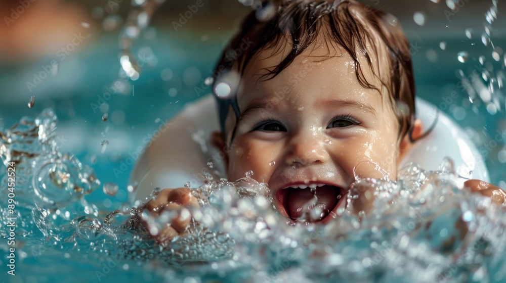 A joyful and laughing baby splashing in a swimming pool, surrounded by water droplets, capturing the essence of pure happiness, innocence, and playful delight. A joyful and laughing baby splashing in a swimming pool, surrounded by water droplets, capturing the essence of pure happiness, innocence, and playful delight.