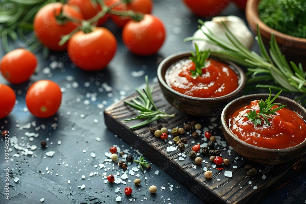 Fresh Tomato Sauce with Rosemary, Peppercorns, and Sea Salt on Rustic Wooden Board for Gourmet Cooking Fresh Tomato Sauce with Rosemary, Peppercorns, and Sea Salt on Rustic Wooden Board for Gourmet Cooking