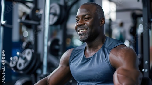 An older black African American bodybuilder with big muscles and strength, wearing a male sports top, trains and exercises at the gym with weights around him. A healthy fitness lifestyle, workout.