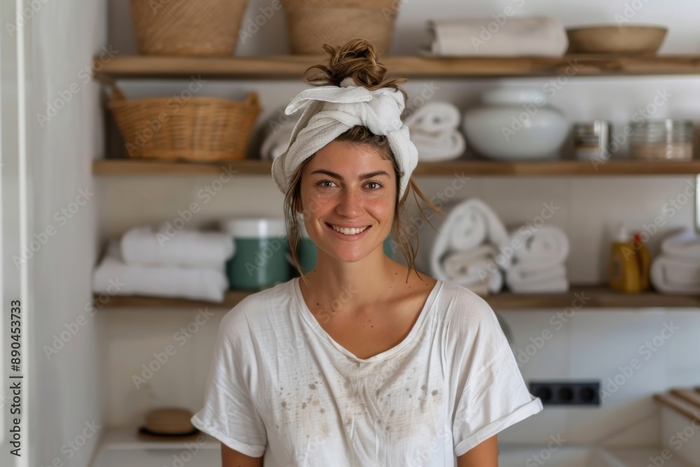 A happy woman with a towel twirled into a turban on her head, standing in a laundry room. Her smile signifies the joy and simplicity of household chores. A happy woman with a towel twirled into a turban on her head, standing in a laundry room. Her smile signifies the joy and simplicity of household chores.