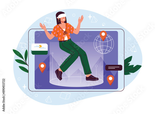 Virtual tour woman. Young girl wearing virtual reality glasses. Travels in cyberspace and metaverse. Modern technologies and innovations. Flat vector illustration isolated on white background