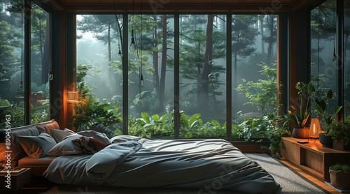 Cozy bedroom with large window overlooking forest, foggy day, greenery outside, moody lighting. Generative AI.