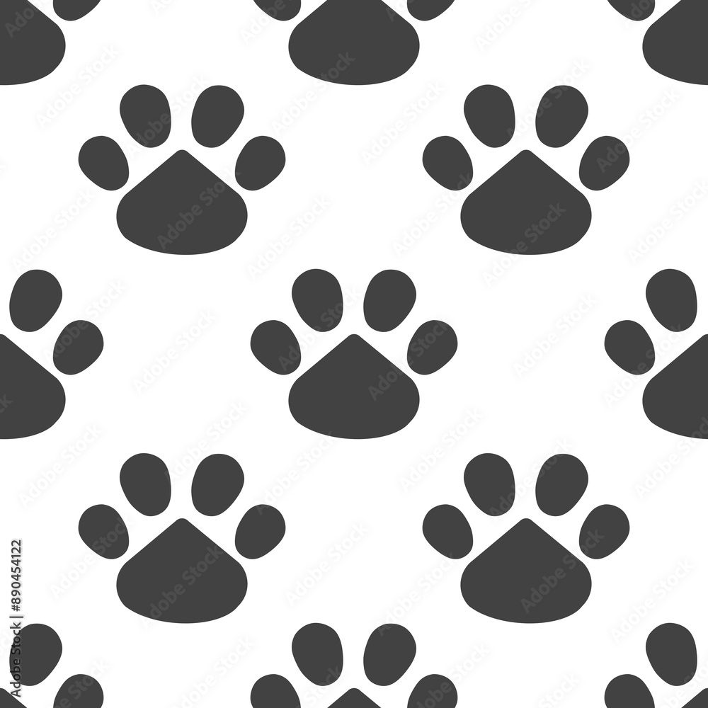 Fototapeta premium Paws or footprints of cats and dogs in black footprints on a white background create a cute seamless pattern for fashion fabrics, wrapping paper, animal decorative pillows. 