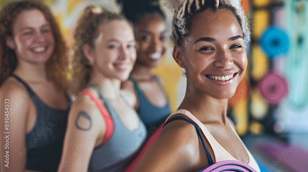 Happy beautiful diverse girls with yoga mats standing in gym. Happy beautiful diverse girls with yoga mats standing in gym.