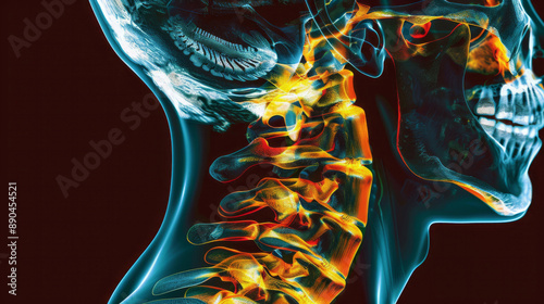 Human skeleton neck x-ray image showing cervical vertebrae, for medical and healthcare concepts