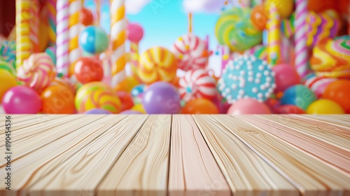 close up of rustic empty wooden table with blurred candy land background