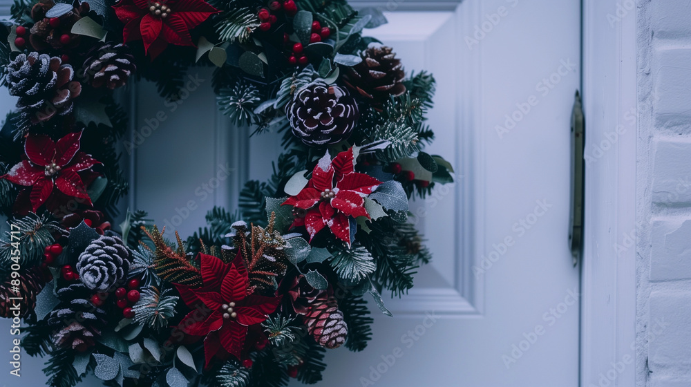 Rustic pinecone wreath festive front door decoration traditional Christmas greenery red berries holiday decor frosted winter style warm inviting seasonal home decoration Rustic pinecone wreath festive front door decoration traditional Christmas greenery red berries holiday decor frosted winter style warm inviting seasonal home decoration