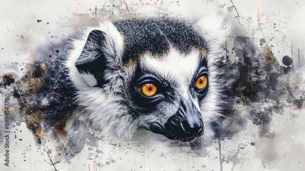 Obraz premium A close-up view of a lemur's face with bright orange eyes