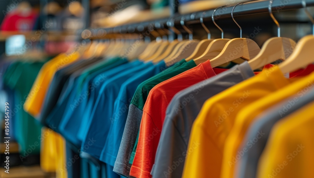 Colorful T-Shirts Hanging on Racks in a Retail Store Colorful T-Shirts Hanging on Racks in a Retail Store