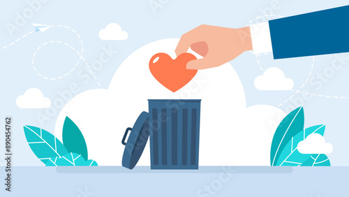 Hand Discarding Broken Heart into Trash Can. Love heart is thrown into garbage, trash, waste and rubbish. Metaphor of end of love relationship, split-up, and breakup. Vector illustration
