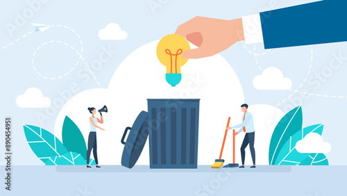 Throwing away problems. Wasted unworkable idea, business failure or abandoned projects concept, frustrated businessman throw away lightbulb idea in basket bin. Vector illustration