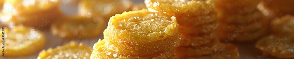 Capture a worms-eye view of perfectly crispy tostones, glistening with garlic sauce, spotlighting texture and contrast for a mouthwatering effect in a digital painting style Capture a worms-eye view of perfectly crispy tostones, glistening with garlic sauce, spotlighting texture and contrast for a mouthwatering effect in a digital painting style