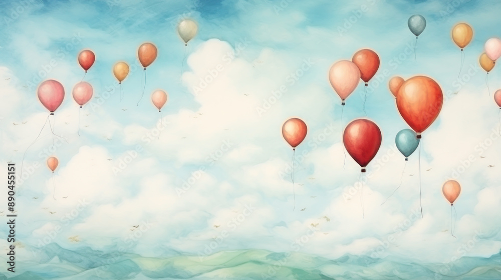 Fototapeta premium Assorted balloons floating in a serene sky with clouds. Wall art wallpaper