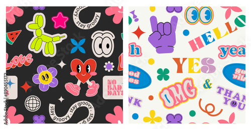 Trendy retro seamless patterns. Patches, labels, tags, stamps, groovy characters and balloons. Yeah, thank you, good vibes, love. Groovy hipster 90s style patterns. 