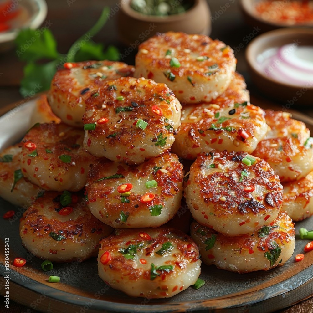 A plate of traditional Thai fish cakes garnished with chopped green onions and chili, served as a delicious appetizer. A plate of traditional Thai fish cakes garnished with chopped green onions and chili, served as a delicious appetizer.