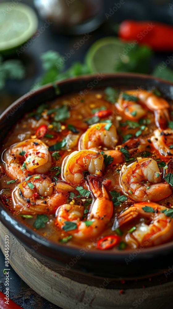 A bowl of Tom Yum Soup with shrimp garnished with fresh herbs, chilies, and lime slices, showcasing a traditional Thai cuisine dish. A bowl of Tom Yum Soup with shrimp garnished with fresh herbs, chilies, and lime slices, showcasing a traditional Thai cuisine dish.