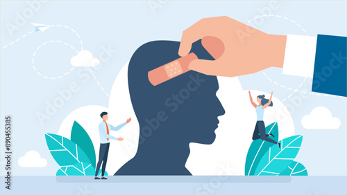 A medical plaster is stuck on the man's head. Man with a sealed plaster. Flat design, cartoon style, isolated background. Vector illustration