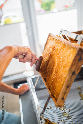 Beekeeper with Honycomb Capping Scratcher Uncapping Beehive Frame photo