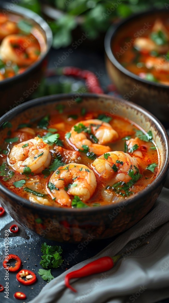 Tom Yum Soup with Shrimp in ceramic bowls garnished with fresh herbs and chili, showcasing a spicy Thai seafood dish. Tom Yum Soup with Shrimp in ceramic bowls garnished with fresh herbs and chili, showcasing a spicy Thai seafood dish.
