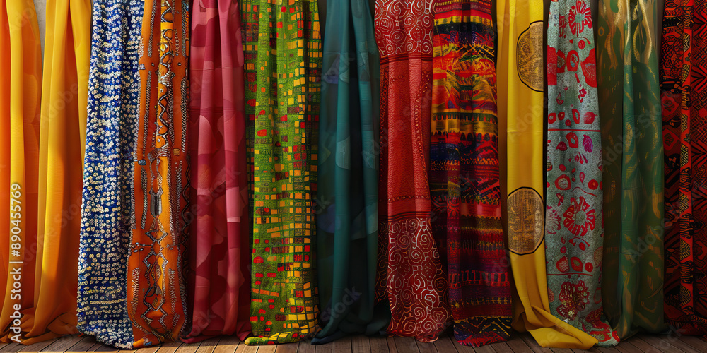 Afro-Cultural Connection: A vibrant array of African fabrics draped on a colorful wall. Afro-Cultural Connection: A vibrant array of African fabrics draped on a colorful wall.
