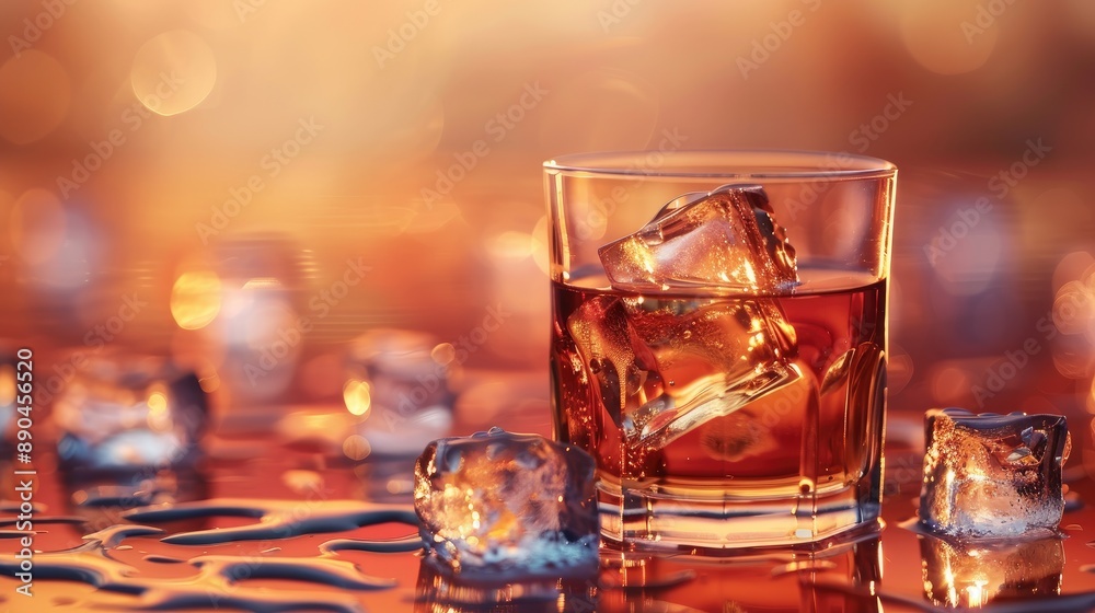 Rich and warm whisky liquid background with a glass and ice cube, luxury still life Rich and warm whisky liquid background with a glass and ice cube, luxury still life