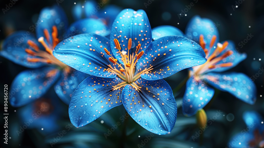 Beautiful blue lily flowers with starry dots on a dark background, macro photography providing a detailed close-up of the petals and stamens in a magical fantasy style Beautiful blue lily flowers with starry dots on a dark background, macro photography providing a detailed close-up of the petals and stamens in a magical fantasy style