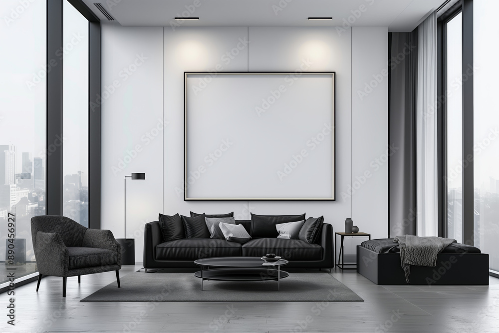 Empty black frame on wall in modern living room with black sofa and armchair. Minimalistic interior design with large windows. Flat lay composition for design and print Empty black frame on wall in modern living room with black sofa and armchair. Minimalistic interior design with large windows. Flat lay composition for design and print