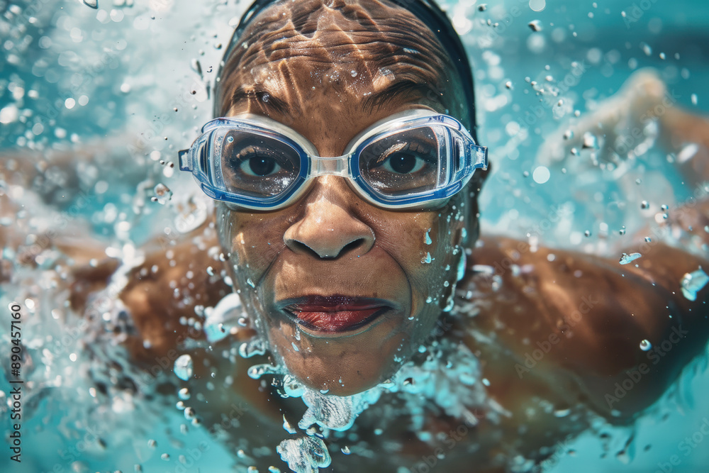 Fototapeta premium Photo of an elderly woman in sportswear swimming in summer, keeping fit, active aging concept.