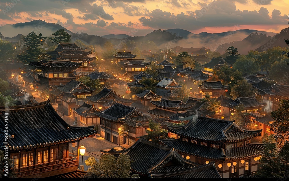 a traditional village at twilight, illuminated by lanterns, digital airbrushing a traditional village at twilight, illuminated by lanterns, digital airbrushing