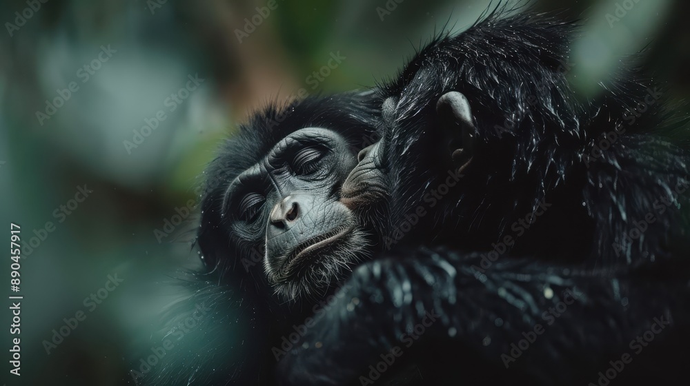 A chimpanzee rests with another, both exuding a tranquil and serene vibe within their natural jungle environment, showcasing the deep emotional bonds of primates. A chimpanzee rests with another, both exuding a tranquil and serene vibe within their natural jungle environment, showcasing the deep emotional bonds of primates.